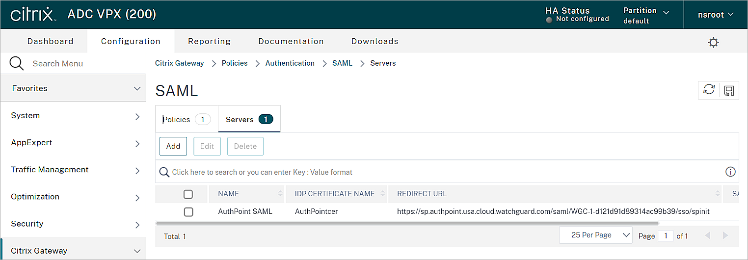 Screen shot of the creat authentication SAML server